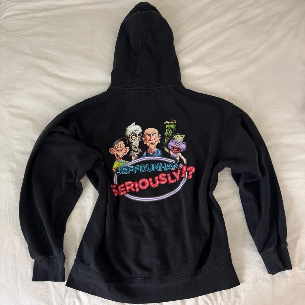 Black Jeff Dunham Seriously Lip zip up hoodie with cartoon characters graphic - Picture 1 of 5
